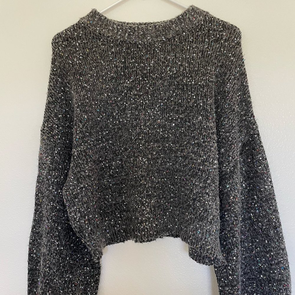 ZARA Cropped Fuzzy Gray Sweater with Multicolor Sequin and Balloon Sleeves